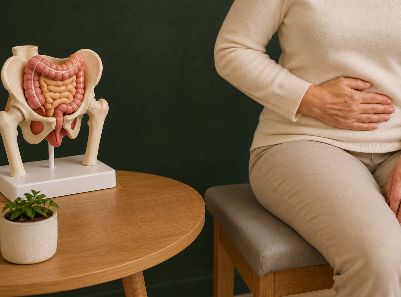 Modelo anatômico pélvico e paciente durante atendimento de fisioterapia anorretal